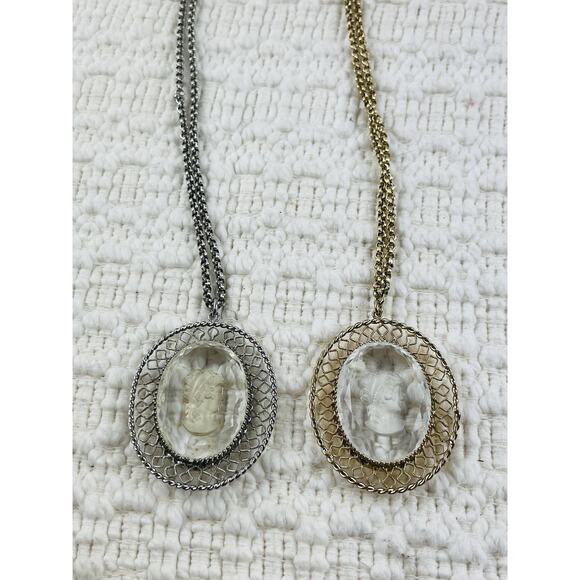 Set 2 Vintage Whiting Davis Clear Intaglio Cameo Pendant Necklace Silver Gold To - Picture 2 of 12